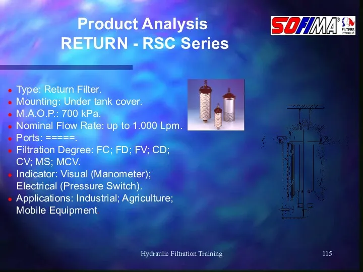 Hydraulic Filtration Training Product Analysis RETURN - RSC Series Type: Return Filter. Mounting:
