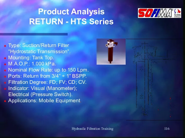 Hydraulic Filtration Training Product Analysis RETURN - HTS Series Type: Suction/Return Filter “Hydrostatic