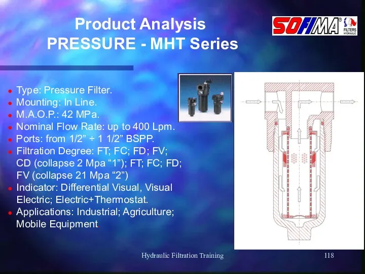 Hydraulic Filtration Training Product Analysis PRESSURE - MHT Series Type: Pressure Filter. Mounting: