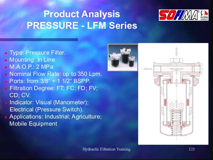 Hydraulic Filtration Training Product Analysis PRESSURE - LFM Series Type: Pressure Filter. Mounting: