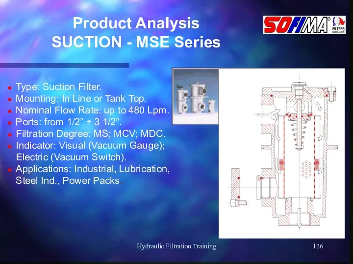 Hydraulic Filtration Training Product Analysis SUCTION - MSE Series Type: Suction Filter. Mounting:
