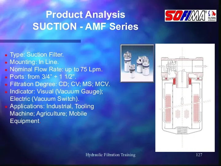 Hydraulic Filtration Training Product Analysis SUCTION - AMF Series Type: Suction Filter. Mounting:
