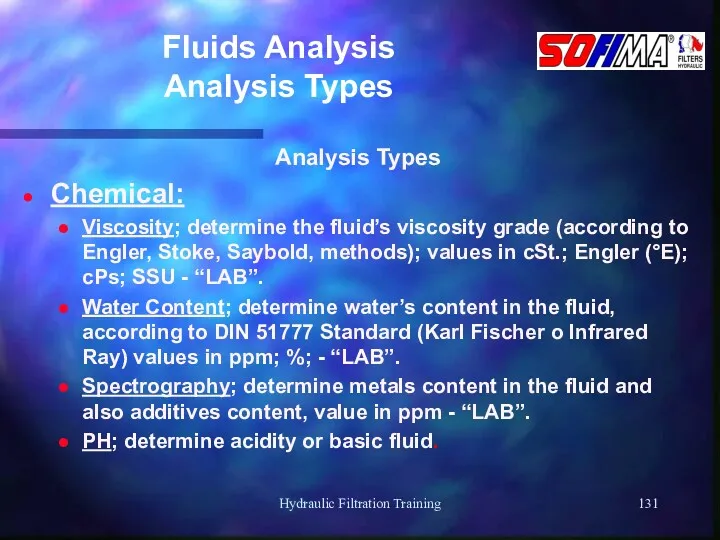 Hydraulic Filtration Training Fluids Analysis Analysis Types Analysis Types Chemical: Viscosity; determine the