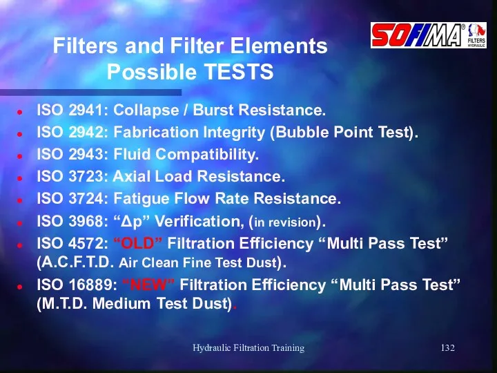 Hydraulic Filtration Training Filters and Filter Elements Possible TESTS ISO 2941: Collapse /