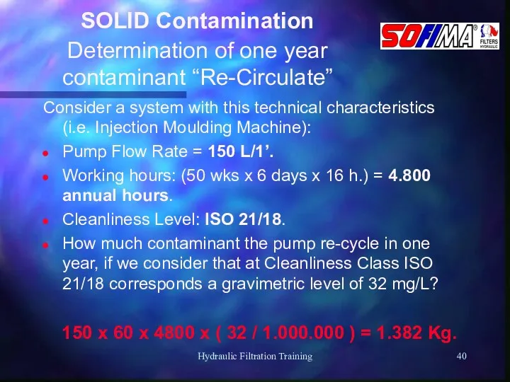 Hydraulic Filtration Training SOLID Contamination Determination of one year contaminant “Re-Circulate” Consider a