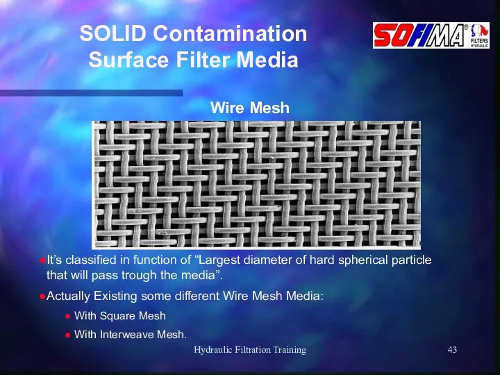 Hydraulic Filtration Training SOLID Contamination Surface Filter Media Wire Mesh It’s classified in