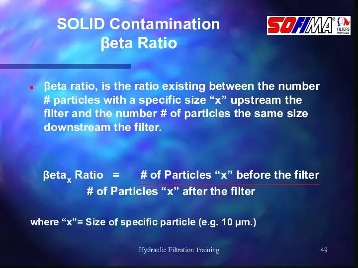 Hydraulic Filtration Training SOLID Contamination βeta Ratio βeta ratio, is the ratio existing