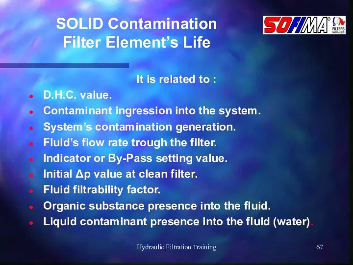 Hydraulic Filtration Training SOLID Contamination Filter Element’s Life It is