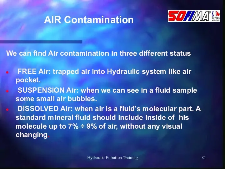 Hydraulic Filtration Training AIR Contamination We can find Air contamination