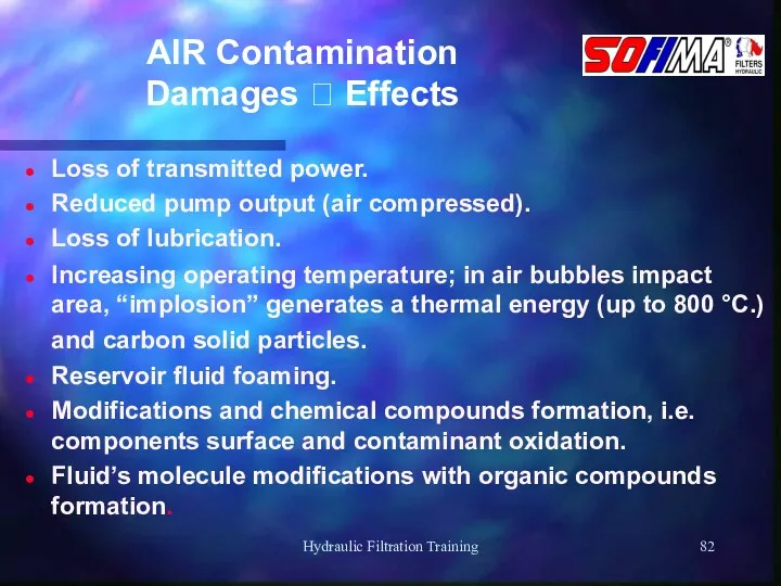 Hydraulic Filtration Training AIR Contamination Damages  Effects Loss of transmitted power. Reduced