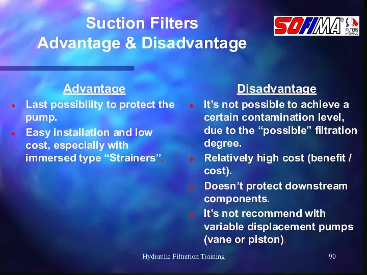 Hydraulic Filtration Training Suction Filters Advantage & Disadvantage Advantage Last possibility to protect