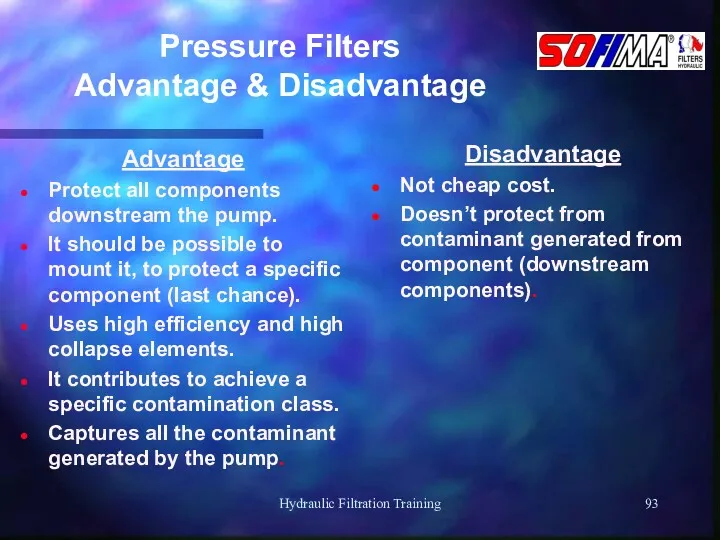 Hydraulic Filtration Training Pressure Filters Advantage & Disadvantage Advantage Protect all components downstream