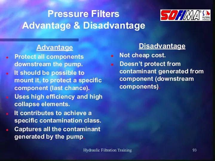 Hydraulic Filtration Training Pressure Filters Advantage & Disadvantage Advantage Protect