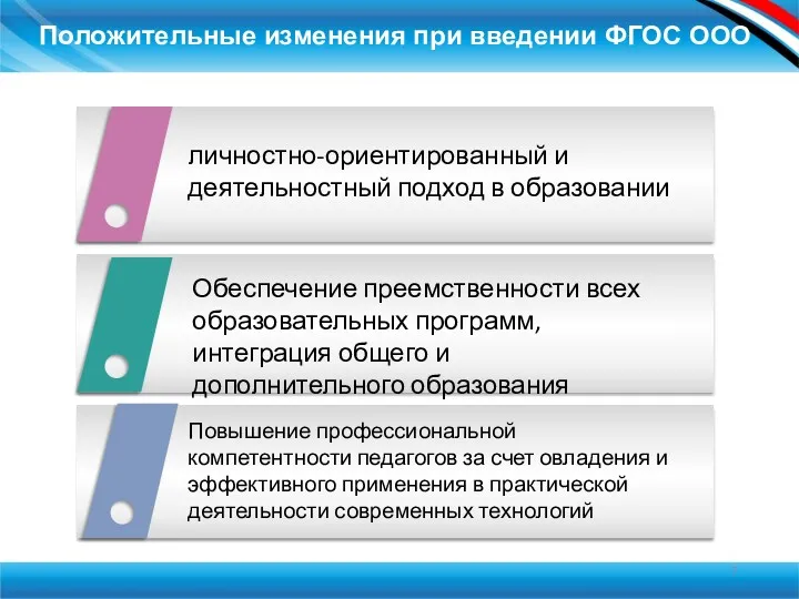 Положительные изменения при введении ФГОС ООО личностно-ориентированный и деятельностный подход в образовании Обеспечение