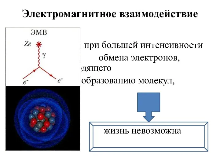 Электромагнитное взаимодействие при большей интенсивности обмена электронов, приводящего к образованию молекул, жизнь невозможна