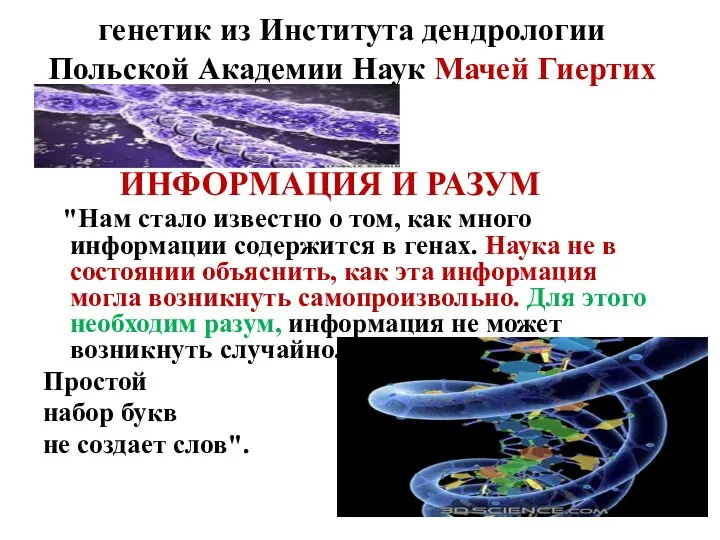 генетик из Института дендрологии Польской Академии Наук Мачей Гиертих ИНФОРМАЦИЯ И РАЗУМ "Нам