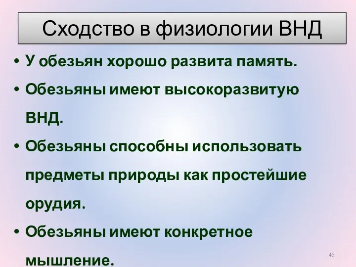 У обезьян хорошо развита память. Обезьяны имеют высокоразвитую ВНД. Обезьяны