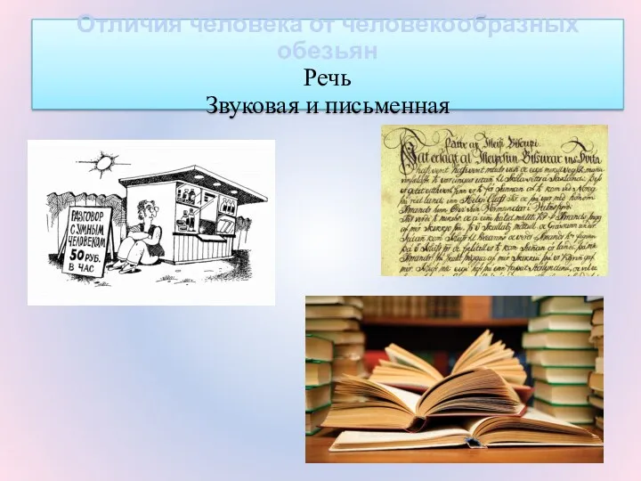 Отличия человека от человекообразных обезьян Речь Звуковая и письменная