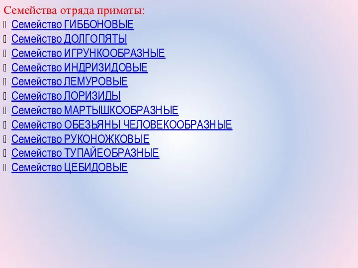 Семейства отряда приматы:  Семейство ГИББОНОВЫЕ  Семейство ДОЛГОПЯТЫ 