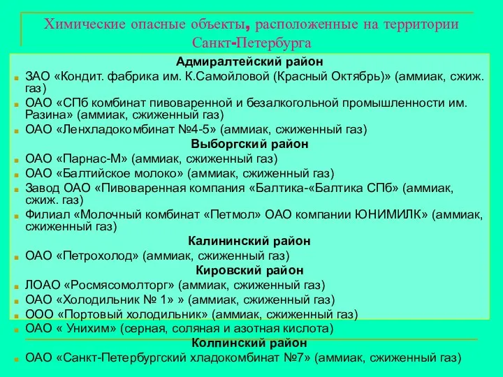 Химические опасные объекты, расположенные на территории Санкт-Петербурга Адмиралтейский район ЗАО