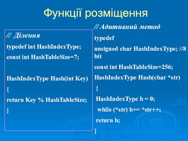 Функції розміщення // Ділення typedef int HashIndexType; const int HashTableSize=7;