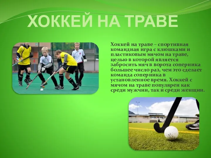 ХОККЕЙ НА ТРАВЕ Хоккей на траве – спортивная командная игра