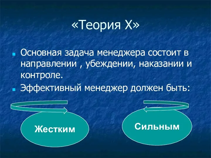 «Теория Х» Основная задача менеджера состоит в направлении , убеждении,