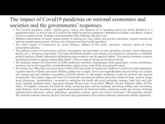 The impact of Covid19 pandemia on national economies and societies