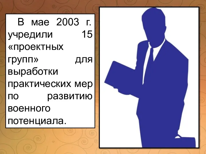 В мае 2003 г. учредили 15 «проектных групп» для выработки практических мер по развитию военного потенциала.