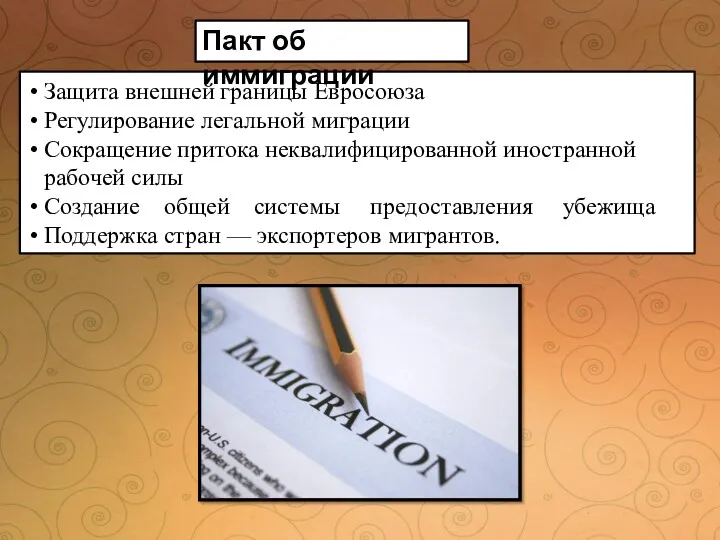 Защита внешней границы Евросоюза Регулирование легальной миграции Сокращение притока неквалифицированной