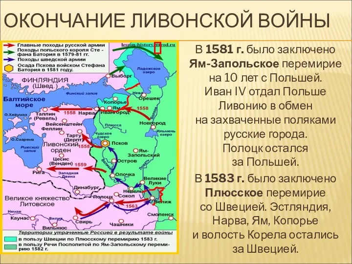 ОКОНЧАНИЕ ЛИВОНСКОЙ ВОЙНЫ В 1581 г. было заключено Ям-Запольское перемирие
