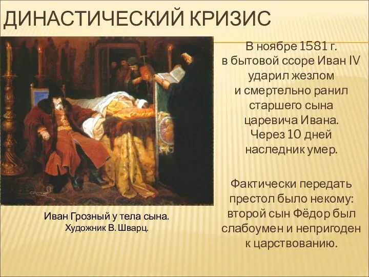 ДИНАСТИЧЕСКИЙ КРИЗИС В ноябре 1581 г. в бытовой ссоре Иван