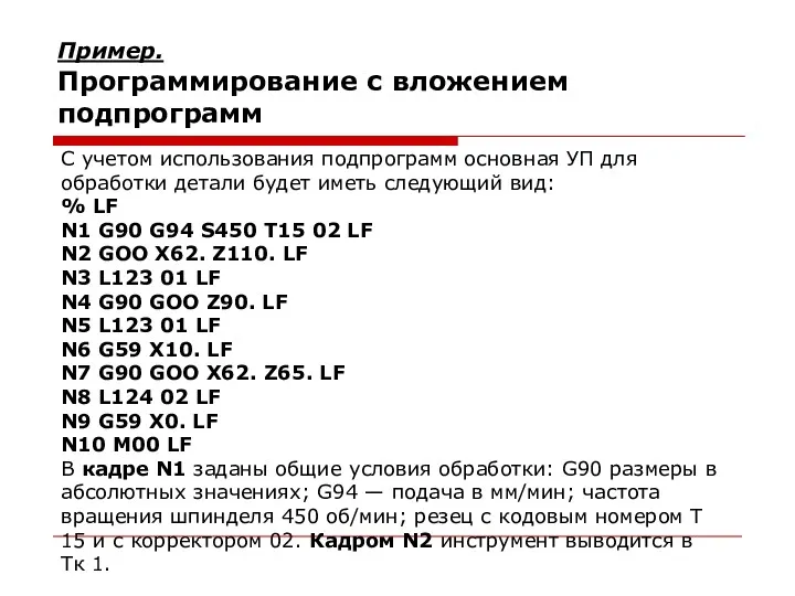 Пример. Программирование с вложением подпрограмм С учетом использования подпрограмм основная