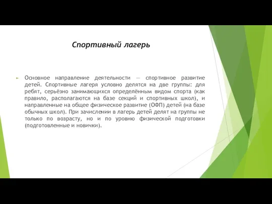 Спортивный лагерь Основное направление деятельности — спортивное развитие детей. Спортивные