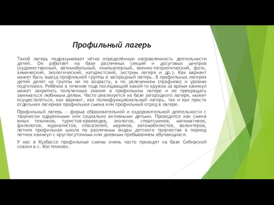 Профильный лагерь Такой лагерь подразумевает чётко определённую направленность деятельности детей.