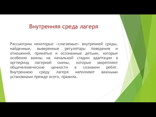 Внутренняя среда лагеря Рассмотрим некоторые «слагаемые» внутренней среды, найденные, выверенные