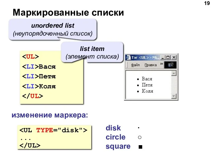 Маркированные списки Вася Петя Коля unordered list (неупорядоченный список) list