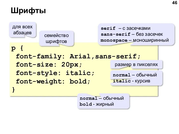 Шрифты p { font-family: Arial,sans-serif; font-size: 20px; font-style: italic; font-weight: