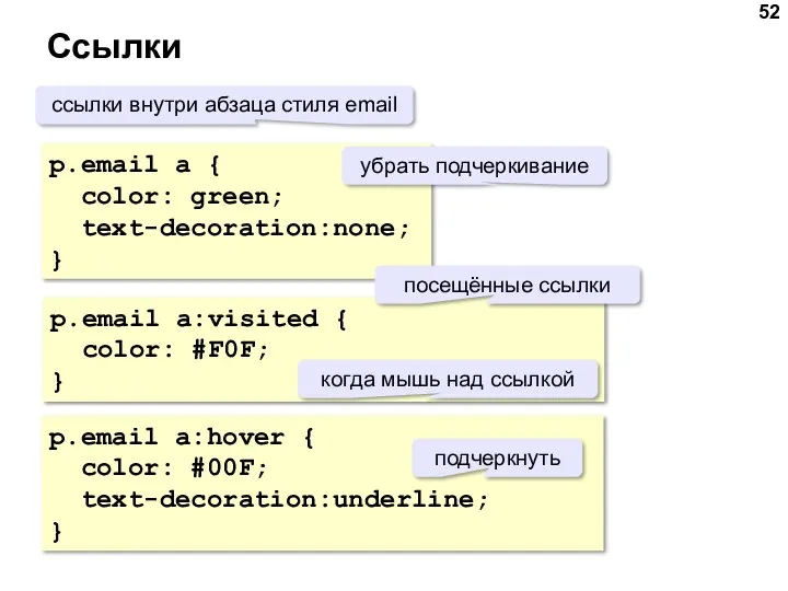 Ссылки p.email a { color: green; text-decoration:none; } p.email a:hover