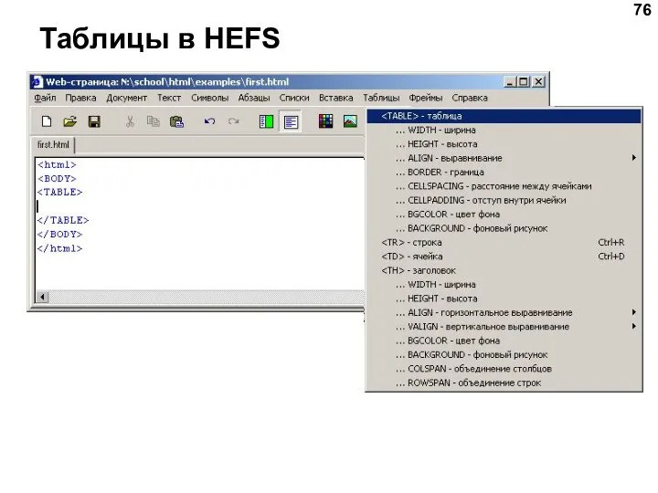 Таблицы в HEFS