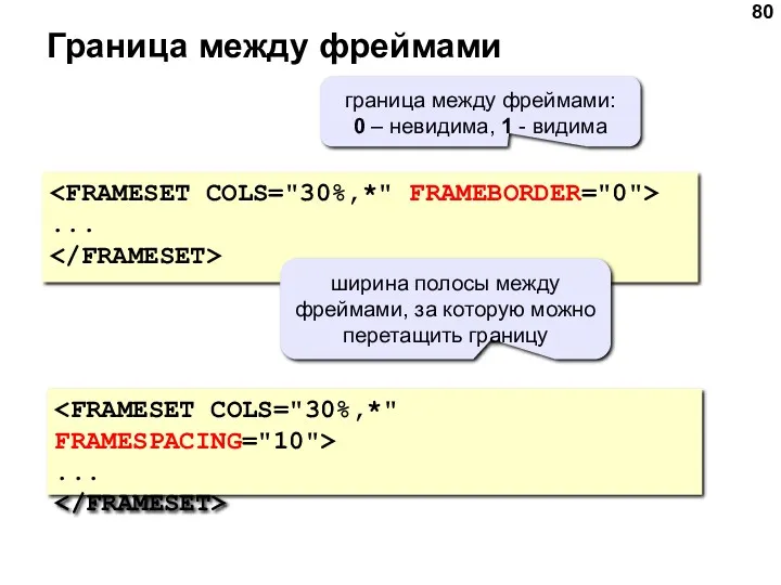 Граница между фреймами ... ... граница между фреймами: 0 –