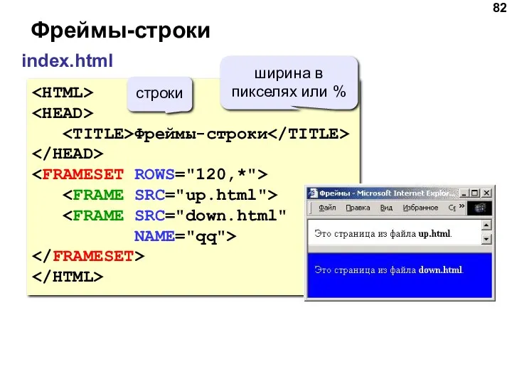 Фреймы-строки index.html Фреймы-строки NAME="qq"> строки ширина в пикселях или %