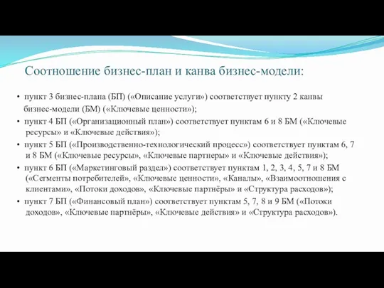 Cоотношение бизнес-план и канва бизнес-модели: • пункт 3 бизнес-плана (БП)