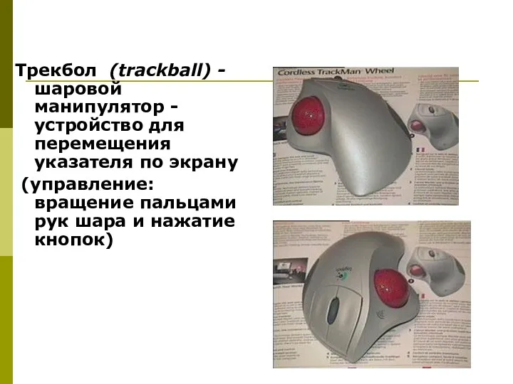 Трекбол (trackball) - шаровой манипулятор - устройство для перемещения указателя