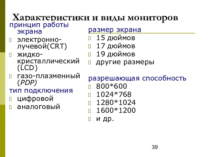 Характеристики и виды мониторов принцип работы экрана электронно-лучевой(CRT) жидко-кристаллический (LCD)