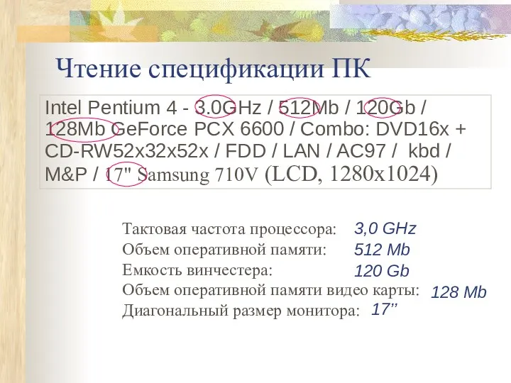 Чтение спецификации ПК Intel Pentium 4 - 3.0GHz / 512Mb
