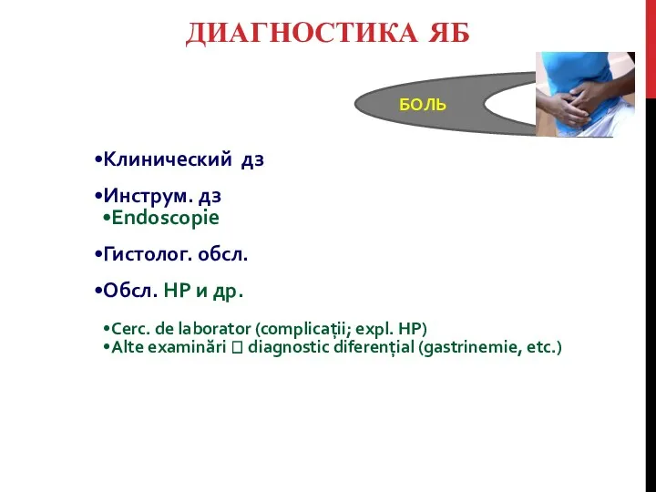 ДИАГНОСТИКА ЯБ Клинический дз Инструм. дз Endoscopie Гистолог. обсл. Обсл.