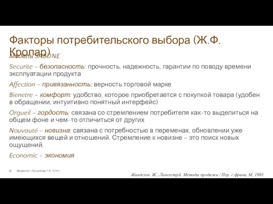 Факторы потребительского выбора (Ж.Ф. Кролар) Маркетинг. Полынская Г.А., 2014 г.