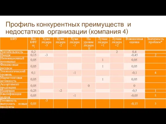 Профиль конкурентных преимуществ и недостатков организации (компания 4) Маркетинг. Полынская Г.А., 2014 г.