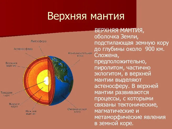 Верхняя мантия ВЕРХНЯЯ МАНТИЯ, оболочка Земли, подстилающая земную кору до